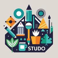 surtido de artículos arreglado a formar un en forma de casa estructura, crear un visual identidad para un creativo estudio especializándose en limpiar y sencillo diseños vector