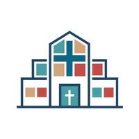 un Iglesia edificio con un cruzar en sus techo debajo claro cielo, limpiar líneas y un soltero color paleta para un minimalista logo representando un médico centrar vector