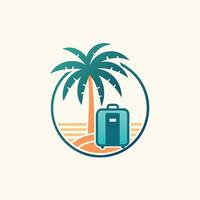 A palm tree stands next to a suitcase on a sandy beach, A stylish design featuring a palm tree and suitcase icon vector