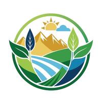 A logo featuring green and blue colors with mountains in the background, Craft a simple logo that speaks to the need for preserving our natural resources vector