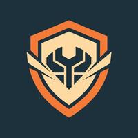 A shield with two hands firmly grasping a wrench, symbolizing protection and tool usage, Consider using a single, powerful symbol to convey strength and security vector