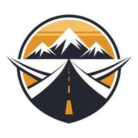 A road stretches into the distance, winding towards towering mountains in the background, Create a minimalist logo that conveys the concept of transmission vector