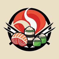 un plato con Fresco Sushi rollos y de madera palillos en un blanco superficie, arte un minimalista logo para un de moda Sushi bar ese se especializa en creativo rollos y motivo emparejamientos vector