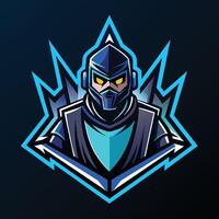 A man wearing a helmet, holding a sword, set against a dark background, Develop a minimalist logo with a subtle nod to gaming culture vector