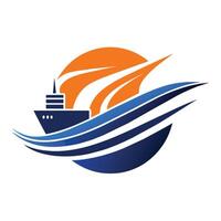 A boat with an orange sun shining on top of it, Designing a sleek and modern logo for a shipping company vector