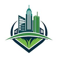 A cityscape featuring modern skyscrapers built on top of a green city with lush vegetation, Design a sleek and modern logo for a virtual learning platform vector