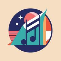 un música Nota soportes fuera en contra un ardiente puesta de sol fondo, diseño un visual representación de un música festival en un minimalista estilo vector