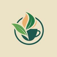 un café taza en un mesa con un hoja metido en parte superior de él, diseño un minimalista logo para un especialidad té tienda con un sencillo té hoja diseño vector