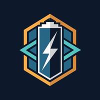 A lightning bolt symbol positioned in the center of a shield, creating a powerful and dynamic visual impact, Design a sleek and modern logo with a geometric representation of a battery icon vector