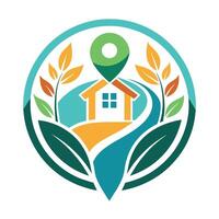 A house and a tree with a map pointer symbol on it, indicating a location or direction, Design a simple logo for a community outreach program supporting local small businesses vector