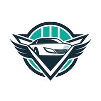 A car equipped with wings on its sides, ready for flight in a modern automotive design, Design a minimalist logo with a modern, automotive flair vector