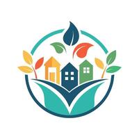 Logo featuring houses and leaves enclosed in a border, Design a simple logo for a community outreach program supporting local small businesses vector