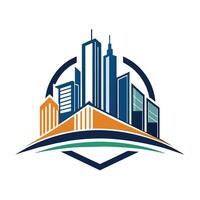 A city skyline with tall buildings in the middle, showcasing modern urban architecture, Design a sleek and modern logo for a virtual learning platform vector