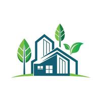 A minimalist house surrounded by trees and leaves on its rooftop, Design minimalist logos for an architectural firm that specializes in sustainable, eco-friendly buildings vector