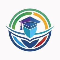 A sleek and modern logo design featuring a graduation cap on top of a school symbol, Design a sleek and modern logo for a virtual learning platform vector