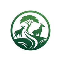 un verde logo diseño exhibiendo dos ciervos a lo largo con un árbol, diseño un sencillo y elegante logo para un ong dedicado a fauna silvestre conservación vector