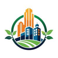 A cityscape filled with green buildings and lush leaves, A minimalist logo that symbolizes innovation and technology vector