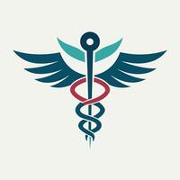 A modern caduceus symbol featuring a sword and wings, A sleek and modern interpretation of the caduceus symbol for a medical facility's logo vector