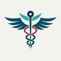 un moderno caduceo símbolo presentando un espada y alas, un pulcro y moderno interpretación de el caduceo símbolo para un médico instalaciones logo vector