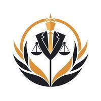 profesional hombre en traje y Corbata participación un escala de justicia simbolizando ley y igualdad, diseño un sencillo logo ese exuda profesionalismo para un legal consultivo firma vector