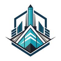 A sleek geometric logo design for a high tech building company, A sleek, geometric design representing a high-tech production facility vector