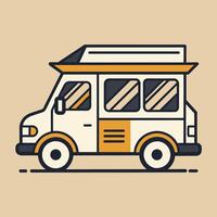 Modern small van with a vibrant yellow and white roof parked on the street, A sleek and modern representation of a food truck using only lines and shapes vector