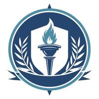 Emblem featuring blue and white colors with a torch symbol, representing a youth mentoring program, A sleek emblem for a youth mentoring program that includes a subtle torch design vector