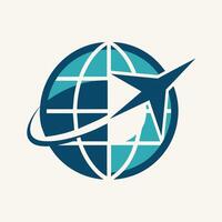 Geometric logo with airplane circling around globe design, A sleek, geometric design featuring a globe and airplane icon vector