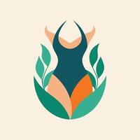 A womans body enclosed by vibrant green leaves in a serene setting, Create a logo for a minimalist swimwear brand that celebrates body positivity vector