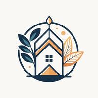 A house sits within a circle of leaves in a natural setting, Create a minimalist logo for a minimalist home decor brand vector