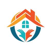 Two hands holding a house logo floating over a house structure, Create a minimalist logo for a charity that works to end homelessness in urban areas vector