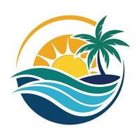 A palm tree stands tall on a sandy beach with the ocean in the background, Beach or coast logo in simple sun and ocean shape vector