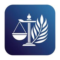 A blue square button featuring a scale and laurel design, Craft a clean graphic for a legal practice management app vector