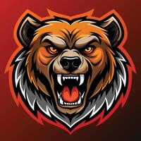 A striking illustration of an intense, angry bears head against a vibrant red background, Intense Angry Bear Head Logo, Striking Illustration vector