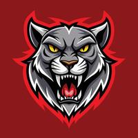 A close-up view of a gray and red tigers face with piercing yellow eyes, Ferocious Undead Feline, Zombie Cougar Mascot Logo Design vector