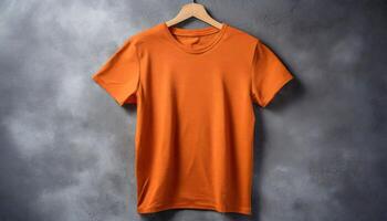 an orange t - shirt hanging on a wooden hanger photo