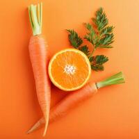 two carrots and an orange on a bright orange background photo