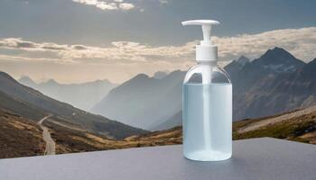 a bottle of hand sanitizer on a table in front of a mountain range photo