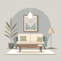 A contemporary living room featuring a comfortable couch and a stylish table, Elegant and serene living room design with neutral color palette vector