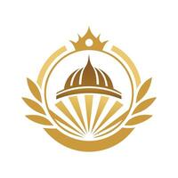 A golden emblem featuring a crown on top, suitable for a corporate event invitation design, Stylish and modern design for a corporate event invitation vector