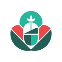 Minimalist logo design featuring a green and red color scheme with a leaf symbol, Generate a minimalist design that conveys the essence of pharmaceuticals vector