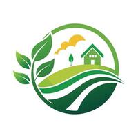 Minimalist green logo design showcasing a house and leaf elements, Create a minimalist design that encourages a greener way of living vector