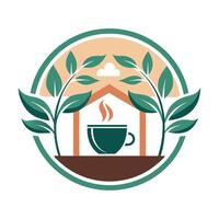 A cup of coffee placed among green leaves in a cozy setting, Create a minimalist logo inspired by the cozy atmosphere of a cafe vector