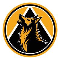 A wolf head howling, with a triangle in the background, depicting a wild canine animal symbol, Howling predator sign. Wild canine animal symbol vector