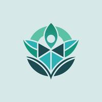 A green leaf logo with a person situated in the center, representing a concept of healing and harmony, Geometric shapes depicting the concept of healing and wellness vector