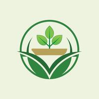 A green plant with a pot placed on top of it, showcasing a simple and minimalist design, Design a minimalist emblem for a plant-based food packaging brand vector