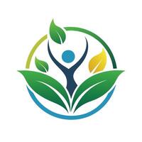 Logo design featuring leaves surrounding a central human figure, representing harmony, Design a logo that represents the harmony between nature and humans vector