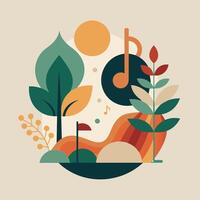 An illustration of a plant overlaid with music notes, showcasing the harmony between nature and music, Explore the connection between music and nature in a minimalist composition vector