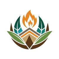 A logo design for a company featuring a prominent fire element in the center, surrounded by other natural elements, Incorporating natural elements like wood or stone for warmth and texture vector