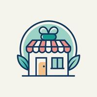 un pequeño casa adornado con un arco en parte superior se sienta pacíficamente en el imagen, generar un limpio, minimalista logo para un personalizado regalo tienda vector